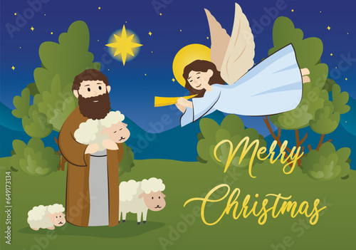 Shepherd with sheep background concept with people scene in the flat cartoon design. Angels announce the birth of Jesus to all inhabitants of Bethlehem, especially to shepherds. Vector illustration.