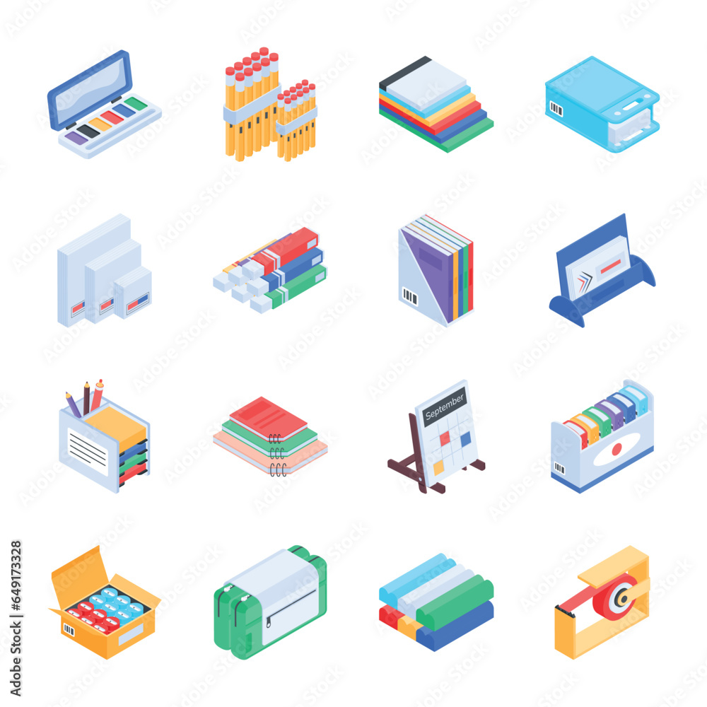 Set of Stationery Tools Isometric Icons

