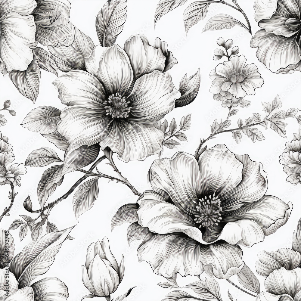 black and white chrysanthemum seamless pattern