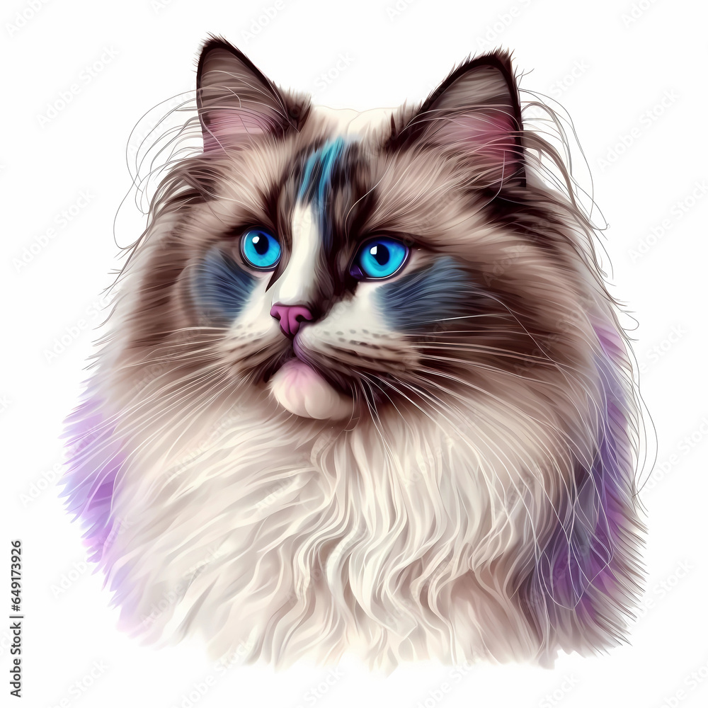 Ragdoll cat head portrait realistic colorful white violet blue