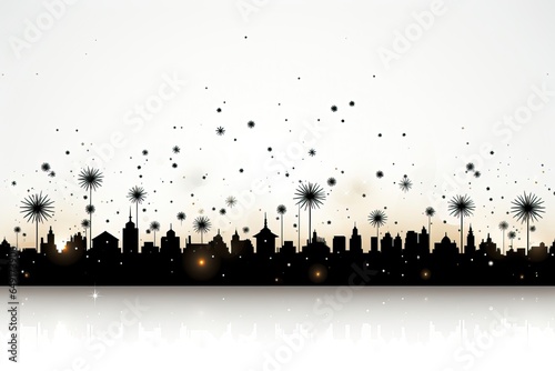 A New Year background image for creative content portraying a silhouette of fireworks bursting over a cityscape in black and white, set against a white background. Illustration