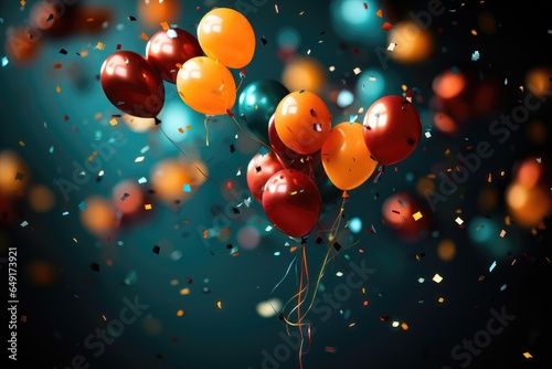A festive background image capturing the essence of celebration with colorful balloons soaring, confetti gently falling, and a blurred background. Photorealistic illustration