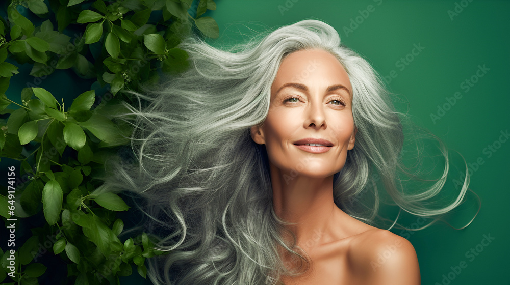 Beautiful  mature woman with long healthy gray hair 50s looking at camera against green leaves background. Healthy facial skin care, natural cosmetics for middle age skin care, cosmetology concept
