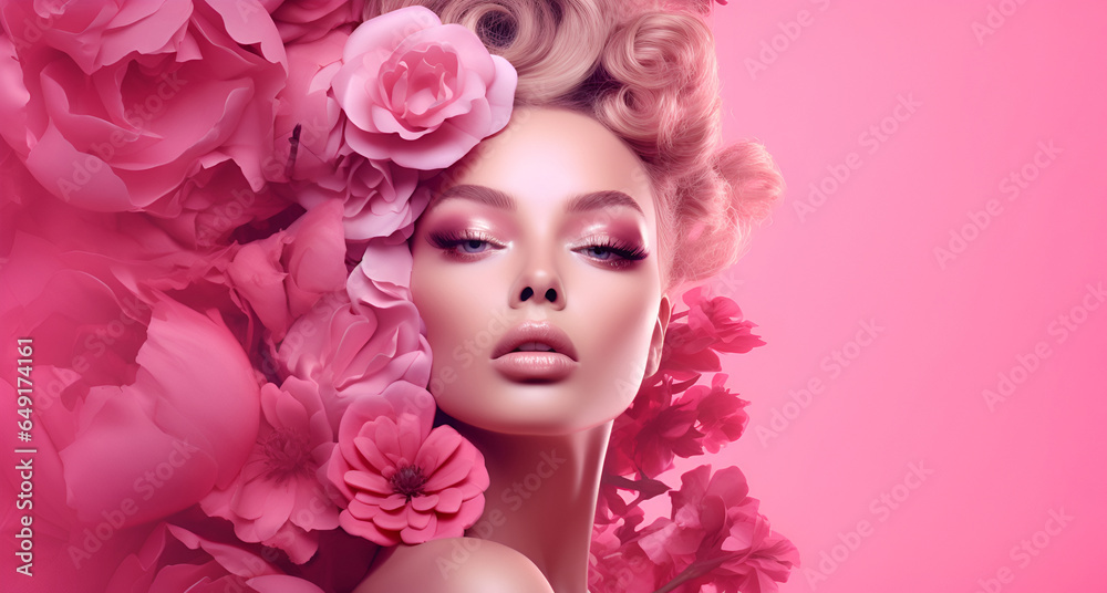 Beauty Art girl blonde with pink peonies flowers in her hair and professional makeup, on a studio pink background with copy space. The concept of naturalness of cosmetic products and cosmetology.