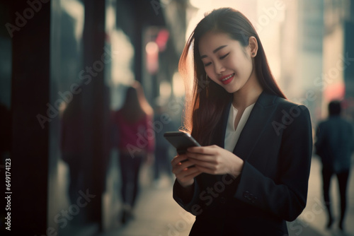 An asian chinese business woman text messaging on the street