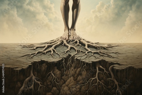 A surreal composition featuring a pair of feet that dissolve into roots that reach deep into the earth, symbolizing grounding and stability. photo