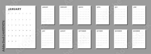 Set of Monthly pages Calendar Planner Templates 2024. Vector layout of a vertical simple calendar with week start Monday. Calendar grid in black color for print. Pages for size A4 or 21x29.7 cm
