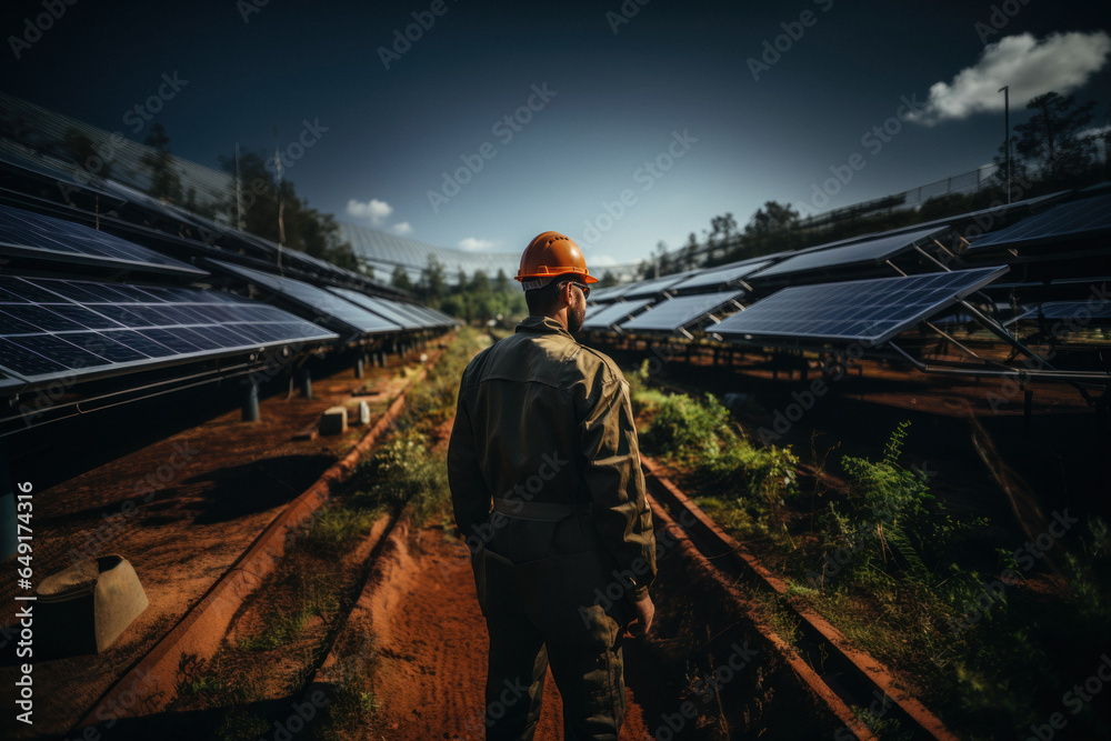Back view of Caucasian engineer in hard hat inspecting solar power plant