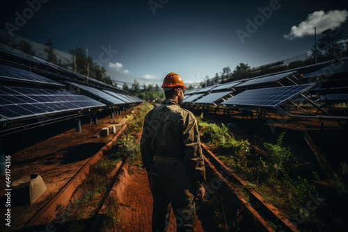Back view of Caucasian engineer in hard hat inspecting solar power plant © sofiko14