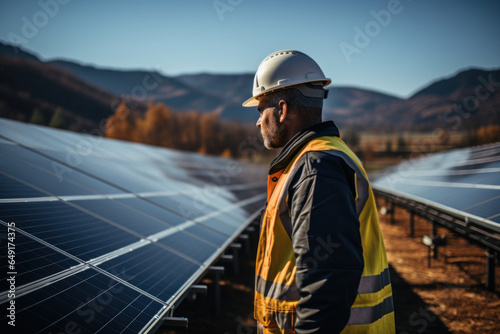 Side view of a male solar power plant worker performing repair work © sofiko14