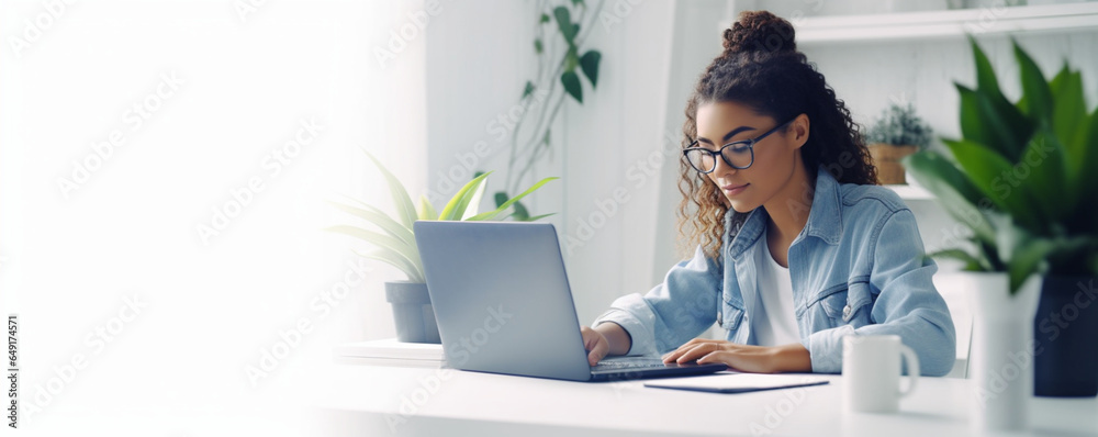 American teenage woman sitting in white office with laptop, she is a student studying online with laptop at home, university student studying online, online web education concept - obrazy, fototapety, plakaty 