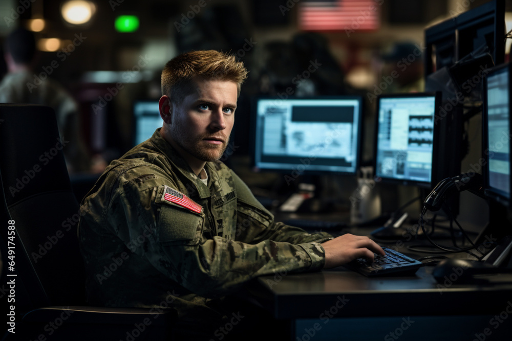 American soldier in headquarter control center American soldier in headquarter control center
