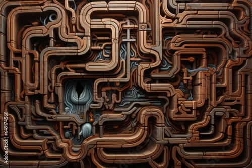 An abstract, surreal representation of a digestive system, with stomach and intestines transforming into a labyrinthine maze, symbolizing the journey of sustenance.