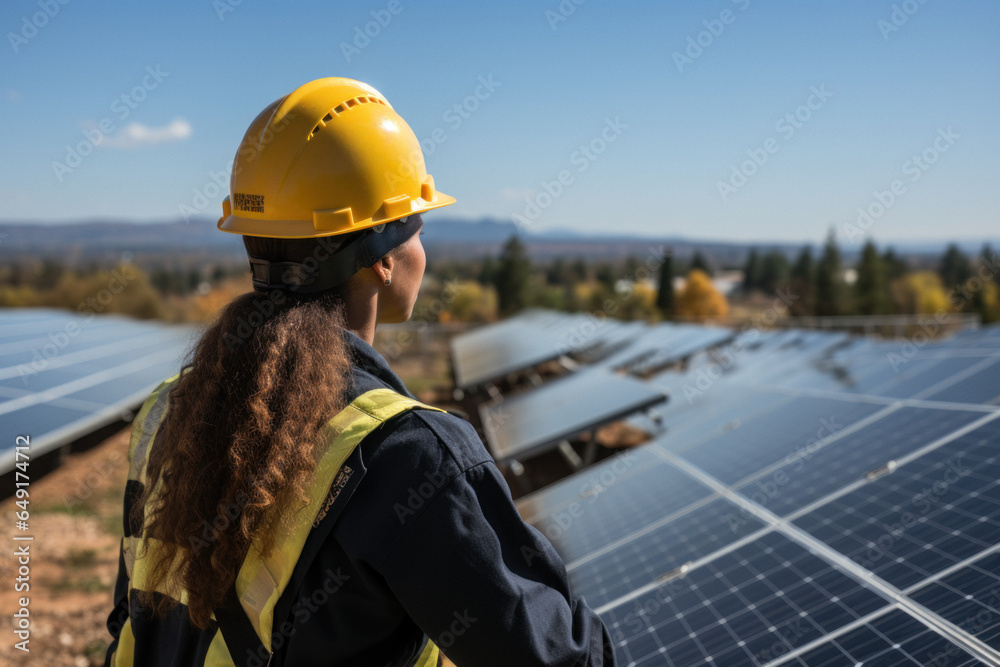 Back view of Caucasian femle engineer in hard hat inspecting solar power plant Back view of Caucasian femle engineer in hard hat inspecting solar power plant