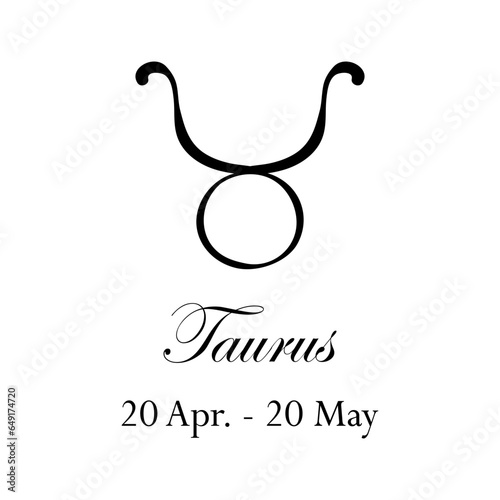Taurus with name and dates. Horoscope with 12 zodiac signs. From to April 20 to May 20. Astrology, fortune telling, constellation, stars, ascendant, pseudoscience, natal chart. Italic style