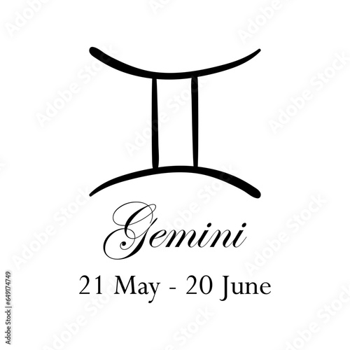 Gemini with name and dates. Horoscope with 12 zodiac signs. From May 21 to June 20. Astrology, fortune telling, constellation, stars, ascendant, pseudoscience, natal chart. Italic style