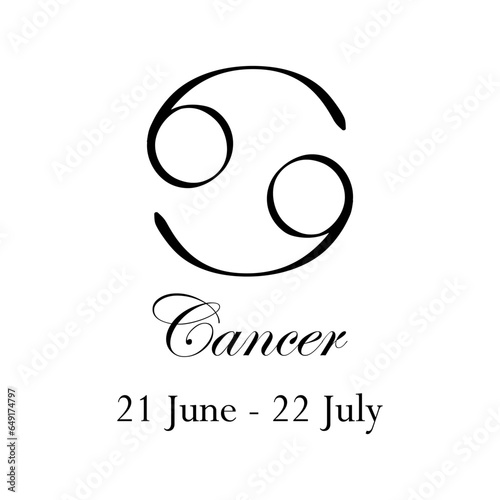 Cancer with name and dates. Horoscope with 12 zodiac signs. From June 21 to July 22. Astrology, fortune telling, constellation, stars, ascendant, pseudoscience, natal chart. Italic style