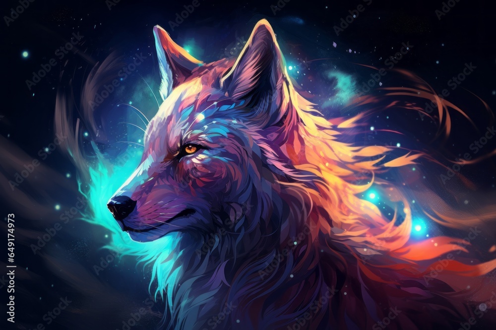 An abstract, dreamlike portrayal of a wolf with fur that morphs into a mystical, starlit sky, evoking a sense of mystery and wonder. An abstract, dreamlike portrayal of a wolf with fur that morphs into a mystical, starlit sky, evoking a sense of mystery and wonder.