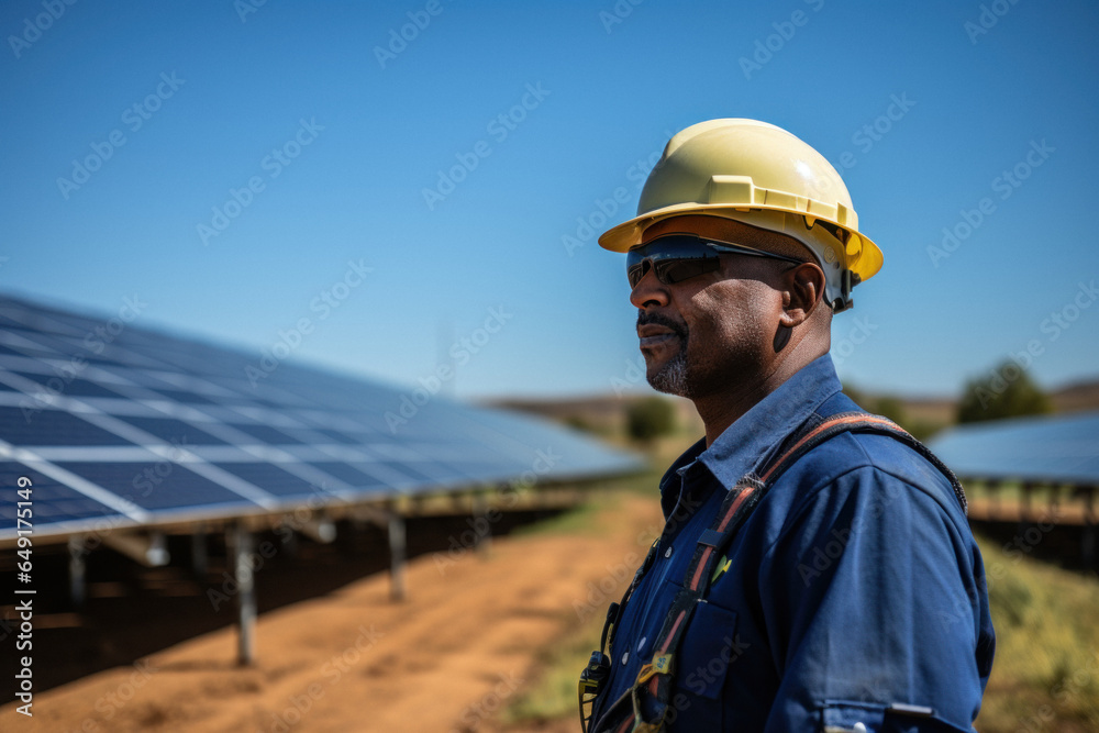 Side view of african male solar power plant worker performing repair work Side view of african male solar power plant worker performing repair work