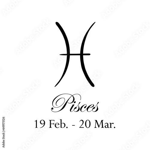 Pisces with name and dates. Horoscope with 12 zodiac signs. From February 19 to March 20. Astrology, fortune telling, constellation, stars, ascendant, pseudoscience, natal chart. Italic style
