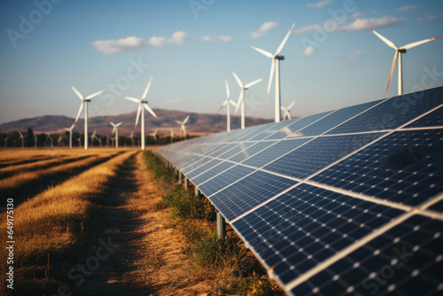 Magical view of solar power plant with wind farm against background of picturesque nature