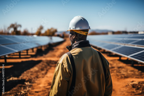 Back view of African engineer in hard hat inspecting solar power plant © sofiko14
