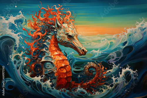 A surrealistic portrayal of a seahorse with a body that dissolves into swirling ocean currents, emphasizing its connection to the sea. © Oleksandr