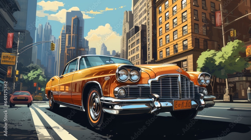 Vintage yellow taxi in New York - obrazy, fototapety, plakaty 