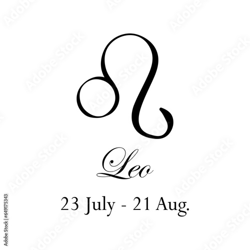 Leo with name and dates. Horoscope with 12 zodiac signs. From July 23 to August 21. Astrology, fortune telling, constellation, stars, ascendant, pseudoscience, natal chart. Italic style