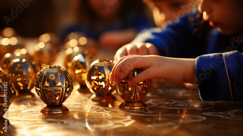 Canvastavla A close-up of a child's hands spinning a dreidel, capturing the excitement of th