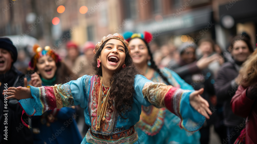 A joyful Hanukkah parade with participants dancing and singing in colorful costumes