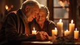 An elderly couple sharing a warm embrace while lighting the Hanukkah candles, celebrating their enduring love