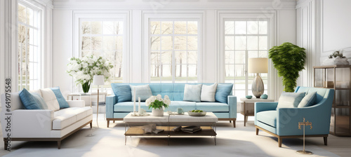 a modern living room with white furniture and blue and grey accents