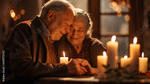 An elderly couple sharing a warm embrace while lighting the Hanukkah candles  celebrating their enduring love
