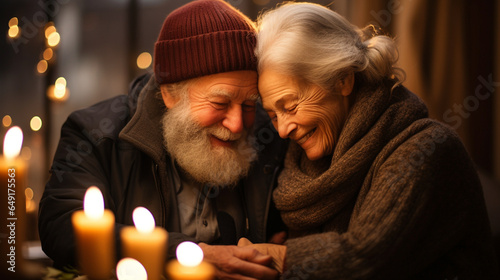 An elderly couple sharing a warm embrace while lighting the Hanukkah candles  celebrating their enduring love