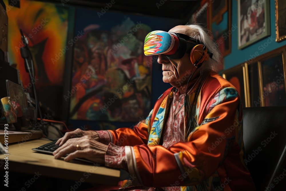 Old man wearing VR device and watching art exhibition at home, Generate with Ai.