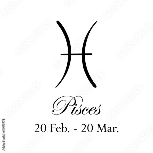 Pisces with name and dates. Horoscope with 12 zodiac signs. From February 20 to March 20. Astrology, fortune telling, constellation, stars, ascendant, pseudoscience, natal chart. Italic style