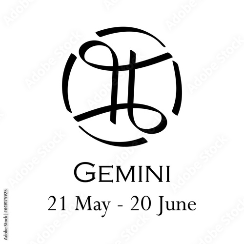 Gemini with name and dates. Horoscope with 12 zodiac signs. From May 21 to June 20. Astrology, fortune telling, constellation, stars, ascendant, pseudoscience, natal chart. Casual style of strokes