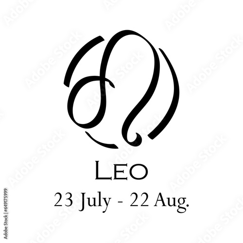Leo with name and dates. Horoscope with 12 zodiac signs. From July 23 to August 22. Astrology, fortune telling, constellation, stars, ascendant, pseudoscience, natal chart. Casual style of strokes