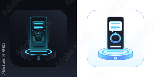 Mobile chatbot app. AI assistant for idea search and content generate. AI algorithms, chat bot integration to control and solving business tasks. Artificial intelligence solution. Vector illustration