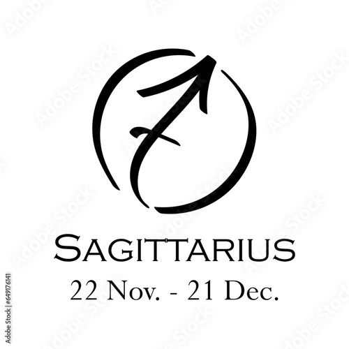 Sagittarius with name and dates. Horoscope with 12 zodiac signs. From November 22 to December 21. Astrology, fortune telling, constellation, stars, ascendant, pseudoscience, natal chart. Casual style