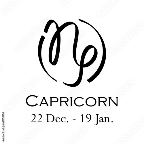 Capricorn with name and dates. Horoscope with 12 zodiac signs. From December 22 to January 19. Astrology, fortune telling, constellation, stars, ascendant, pseudoscience, natal chart. Casual style
