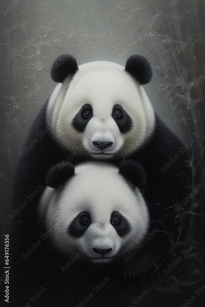 An abstract, surrealist portrait of a pair of pandas, their black and white fur blending into a surreal, yin-yang symbol. An abstract, surrealist portrait of a pair of pandas, their black and white fur blending into a surreal, yin-yang symbol.