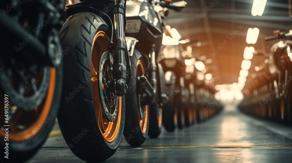 Motorbikes are lined up in the warehouse of a motorcycle manufacturing factory