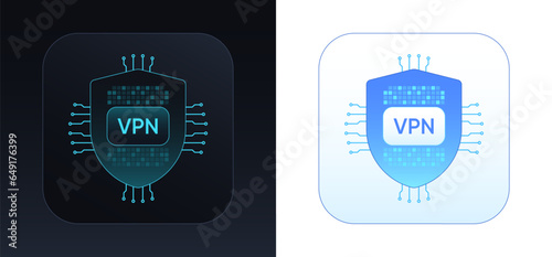 Secure VPN service. Protection shield with button for activation VPN connection. Virtual private network software and mobile app for safe business. Secure private proxy server. Vector illustration