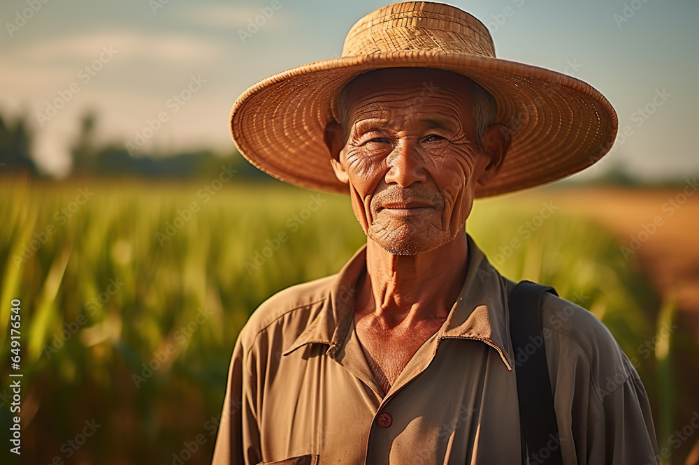 Elderly Asian Farmer Amidst Wheat Grass Field, Hat Adorned, Overseeing His Agricultural Estate. created with Generative AI
