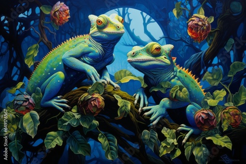 A fantastical, surrealist artwork featuring two chameleons, their bodies seamlessly transitioning from vibrant green to deep blue as they merge.