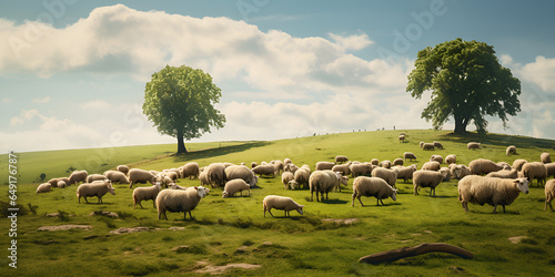 Canvas Print Herd of sheep on a green field with blue sky and sun Sheep Herd Under a Blue Sky
