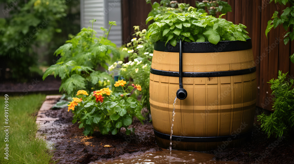 Rainwater Harvesting A Rain Barrel Filling Up During a Rainstorm, Eco