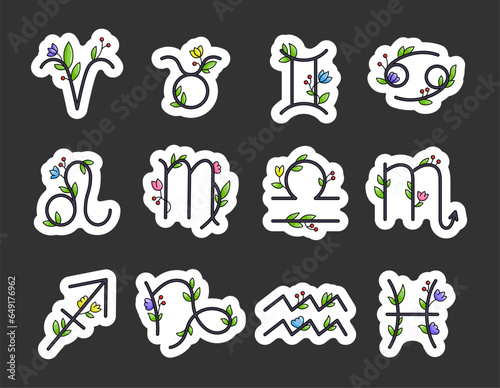 Zodiac signs with leaves and flowers. Sticker Bookmark. Aesthetic astrological horoscope. Vector drawing. Collection of design elements.